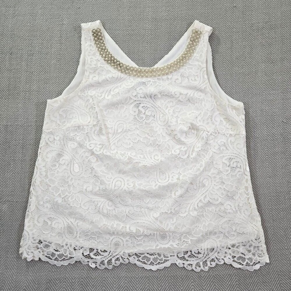 Le Bos Blouse‎ 14W White Sleeveless Pearl Embellishments Crochet Needlepoint NWT